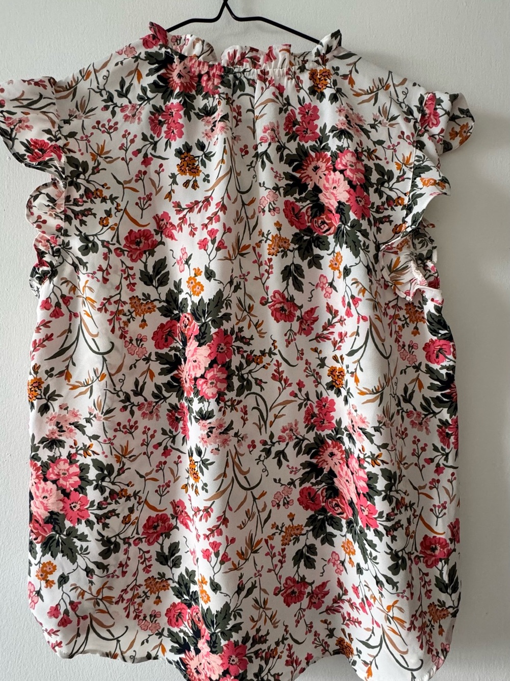 LOFT Floral Ruffle Neck Blouse in White, Pink, Green